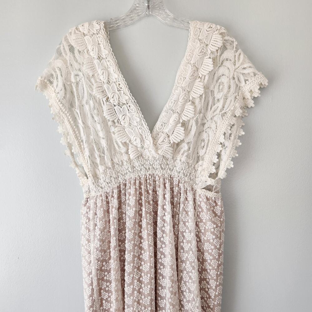 Champagne & Strawberry Anthropologie Crochet Dress Women's L Tan Whimsical Boho - Picture 5 of 15